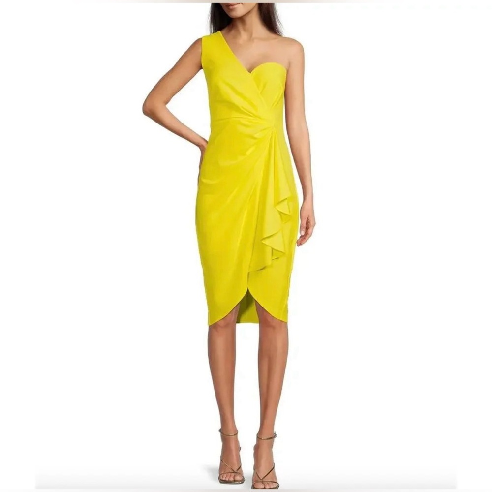 Belle Badgley Mischka One Shoulder Ruched Pleated Draped Cocktail Dress